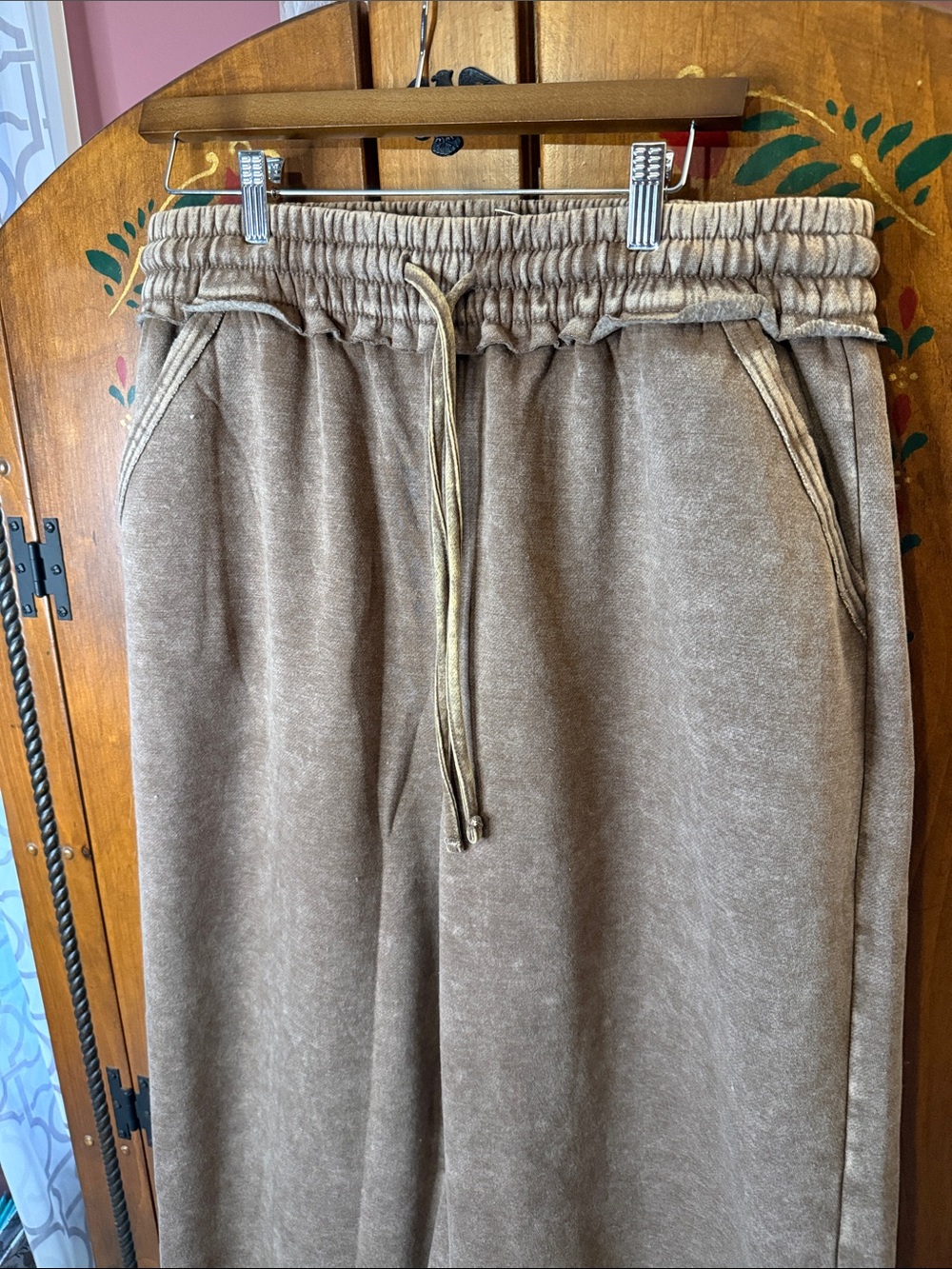 Zenana Outfitters Wide Leg Drawstring fleece wide leg casual pants NEW BROWN 1X - Picture 2 of 8